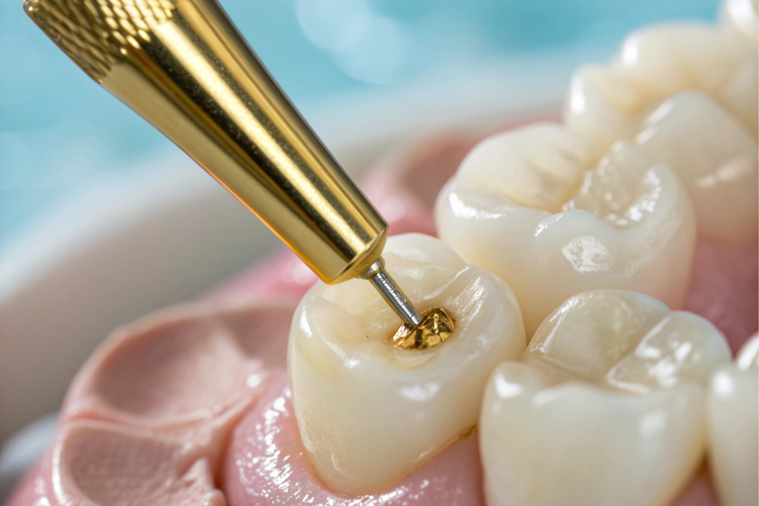 Gold dental drill filling a cavity in a molar close-up