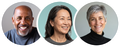 Three smiling headshots in circular frames on a white background