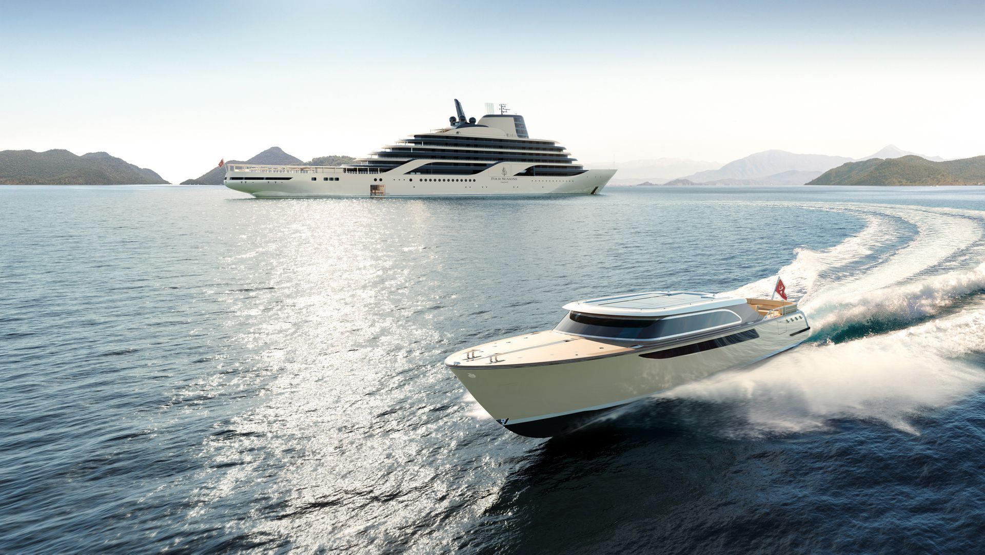 Motorboat speeding across water with a large white yacht in the background
