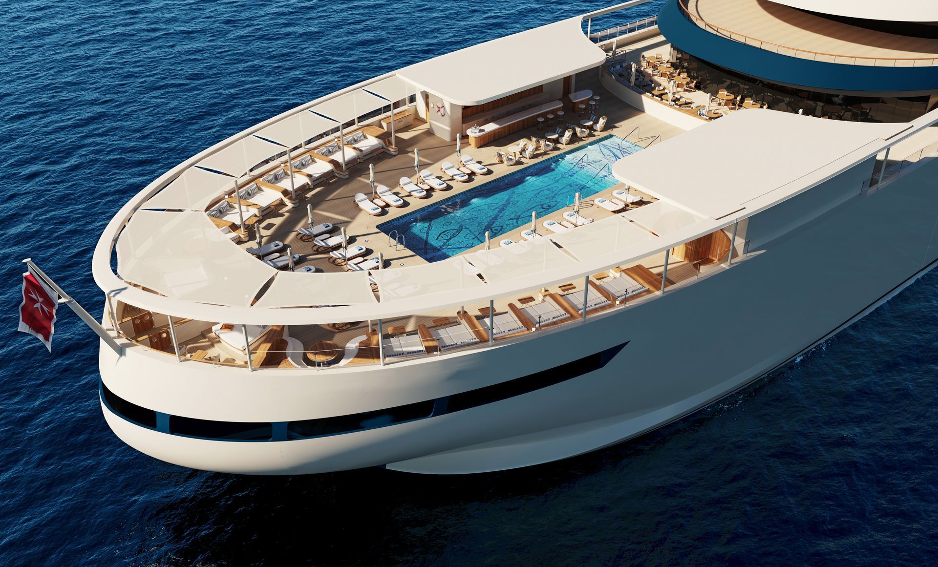 Luxury yacht with sun deck and pool cruising on blue ocean