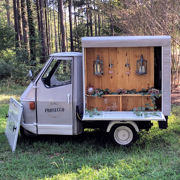A van with the door open is parked in a grassy field.