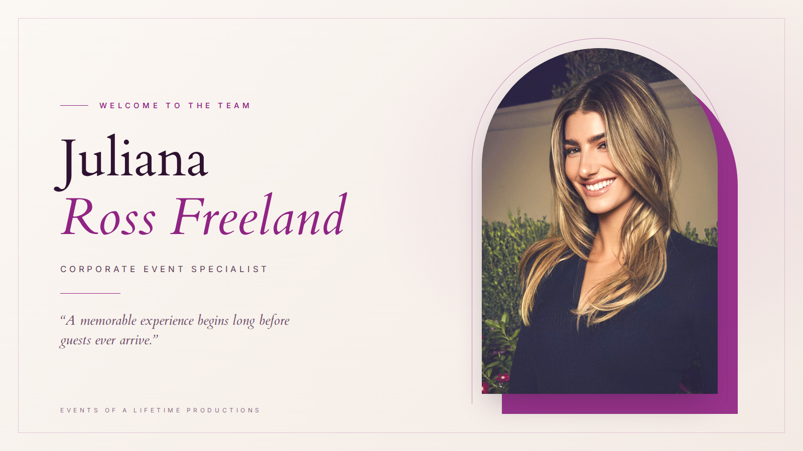 Purple promotional banner with smiling woman portrait and the name “Juliana Ross Freeland”