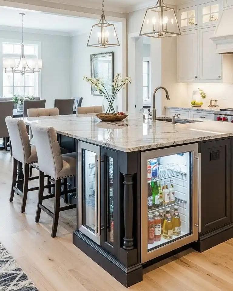 Kitchen island with built-in beverage cooler, granite countertop, bar stools, pendant lights, and hardwood floor.