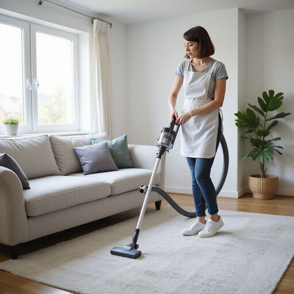 Woman in green apron dusting a living room with a sofa, plant, and wooden furniture.