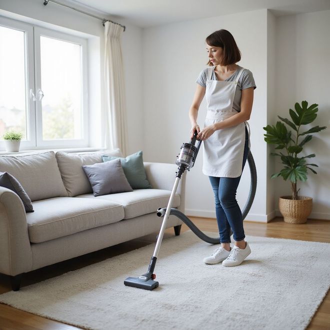 Woman in green apron dusting a living room with a sofa, plant, and wooden furniture.