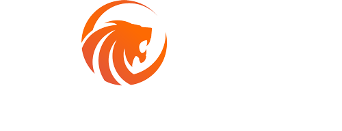 A lion 's head is in a circle on a white background.