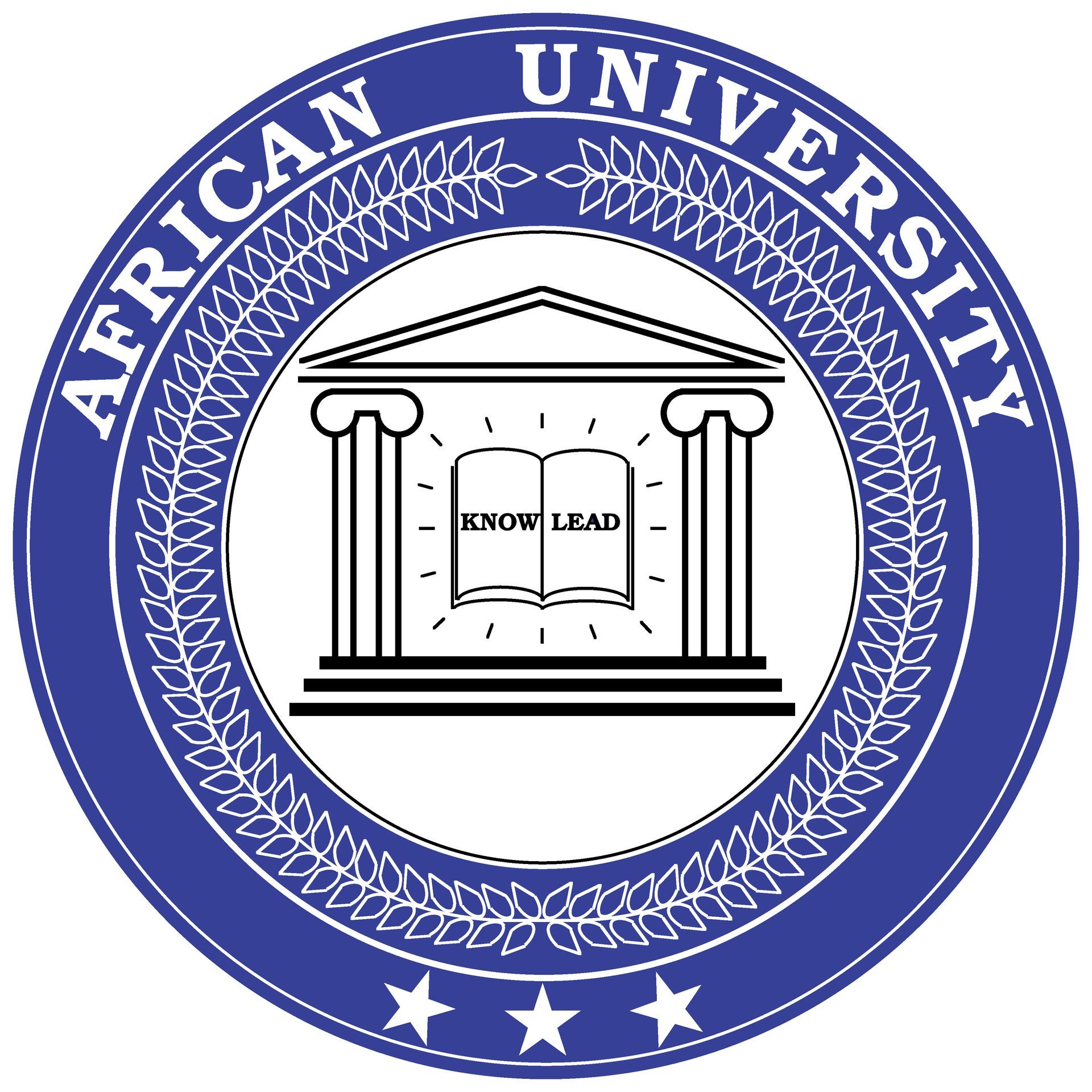 American University seal in blue and white, featuring an open book and classical columns.