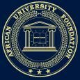 Blue circular American University seal with a building icon and gold border, text around the edge.
