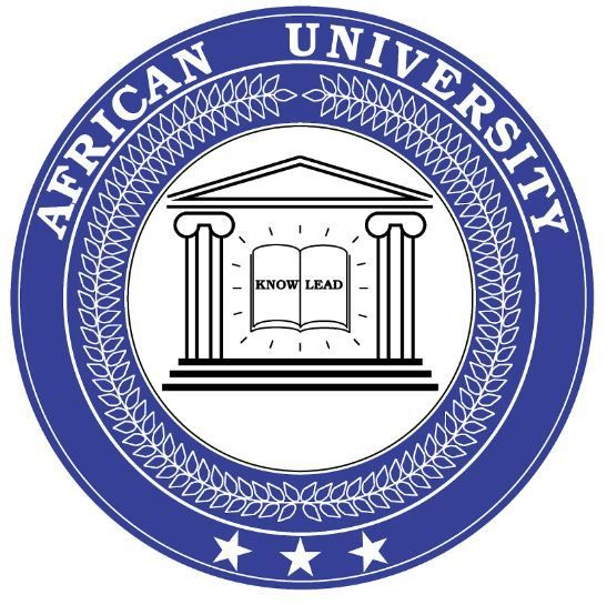 Blue circular African University seal with book and columns in the center, stars at the bottom.