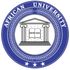 Blue circular African University seal with book and columns in the center, stars at the bottom.
