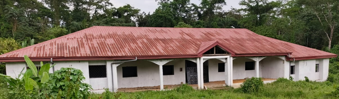 Single-story white house with a faded red roof, surrounded by lush green vegetation.