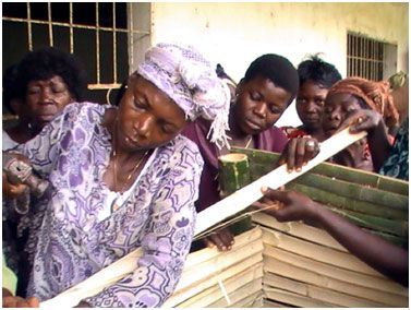 People leaning over stacked coffin-like wooden boxes in a crowded indoor workshop