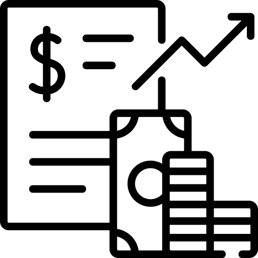 Black finance icon with document, dollar sign, rising chart, cash, and coin stacks