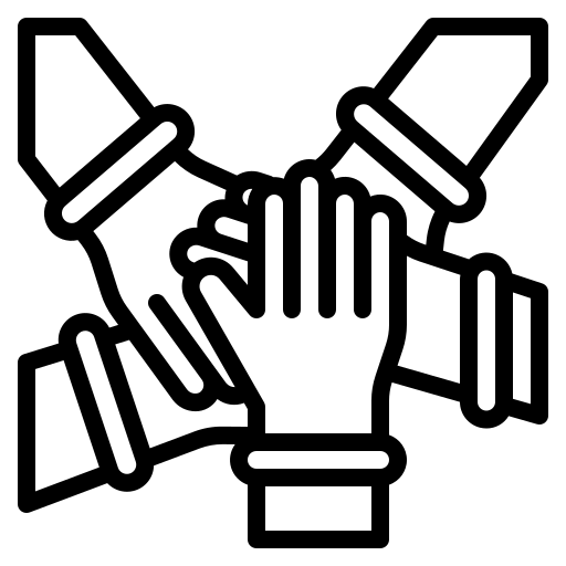 Black line icon of five hands stacked together in teamwork or unity.