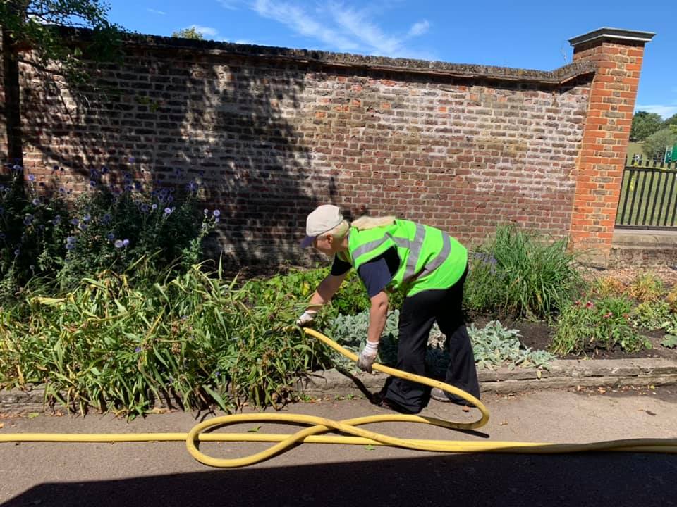 A man is watering plants with a hose in front of a brick wall.