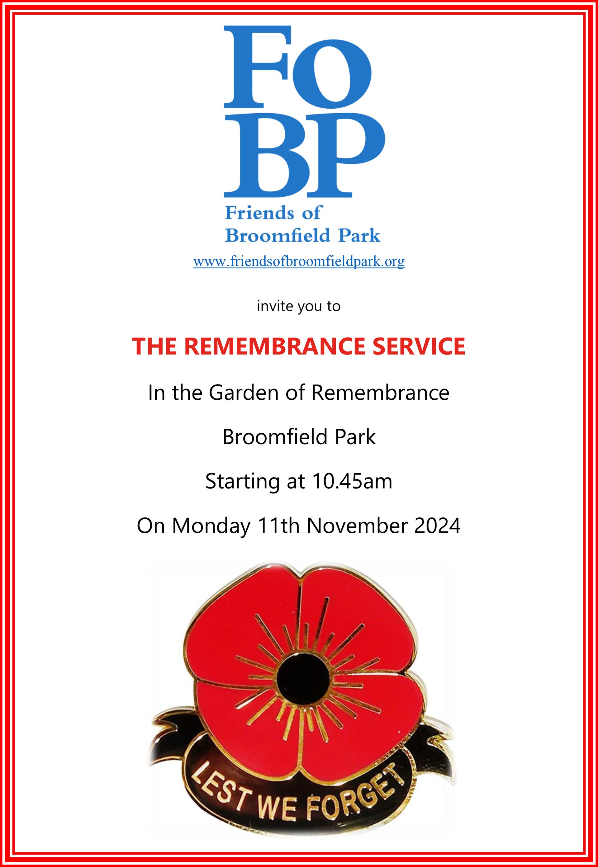 A poster for the remembrance service in the garden of remembrance in broomfield park