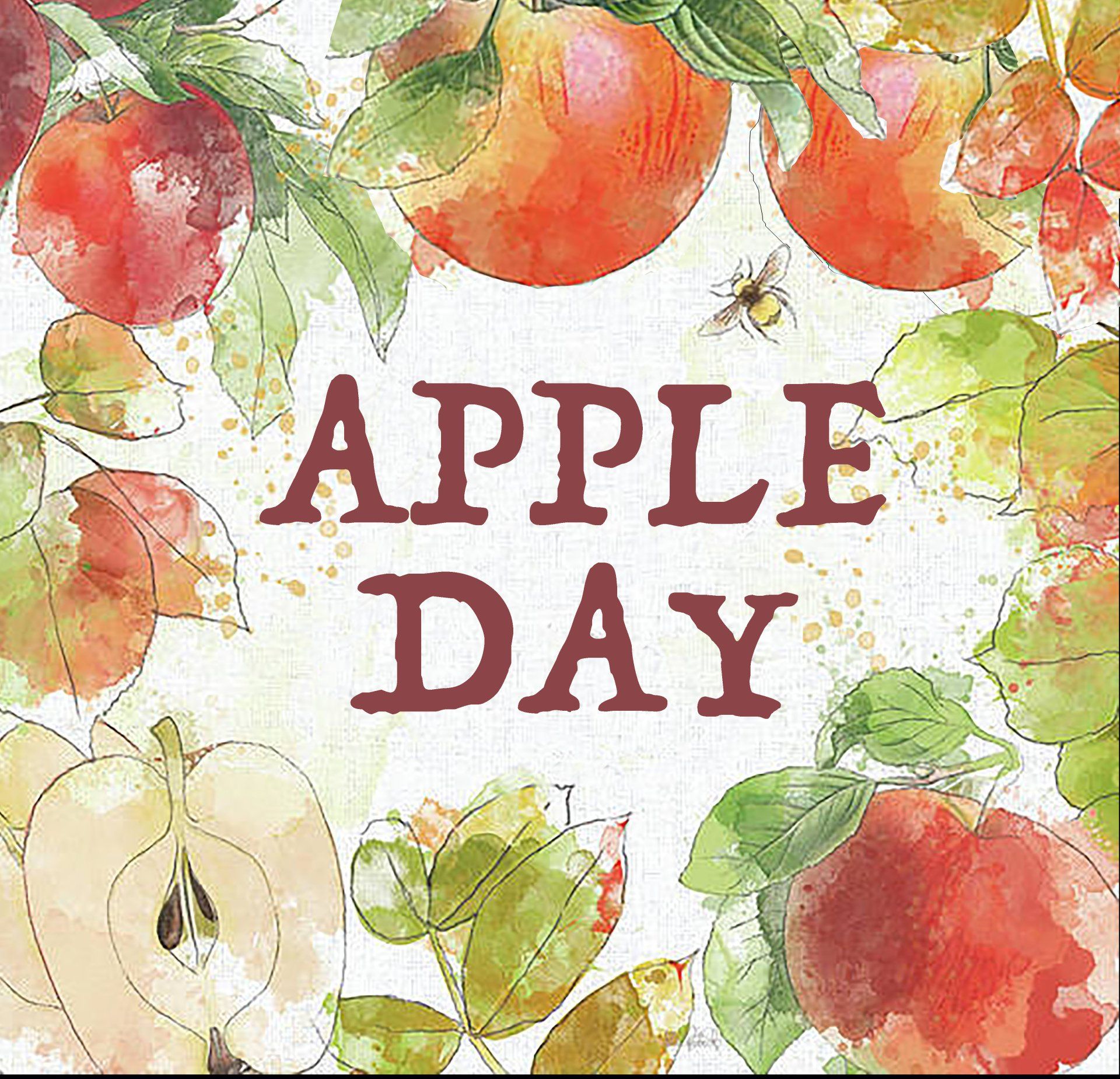 An apple day sign with watercolor apples and leaves