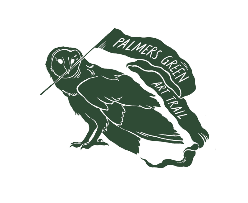 A logo for palmers green art trail with an owl holding a flag