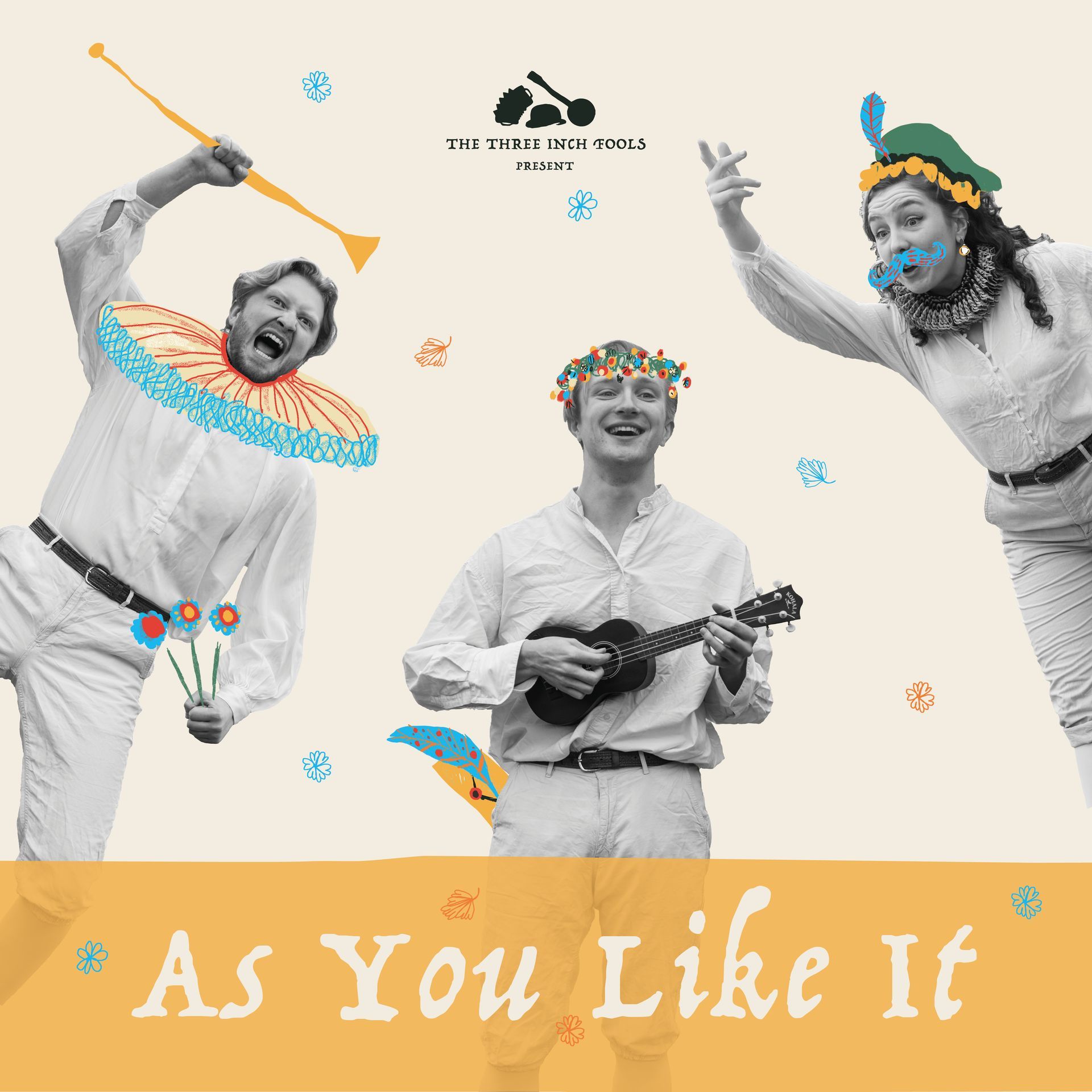 A poster for as you like it shows three people playing musical instruments