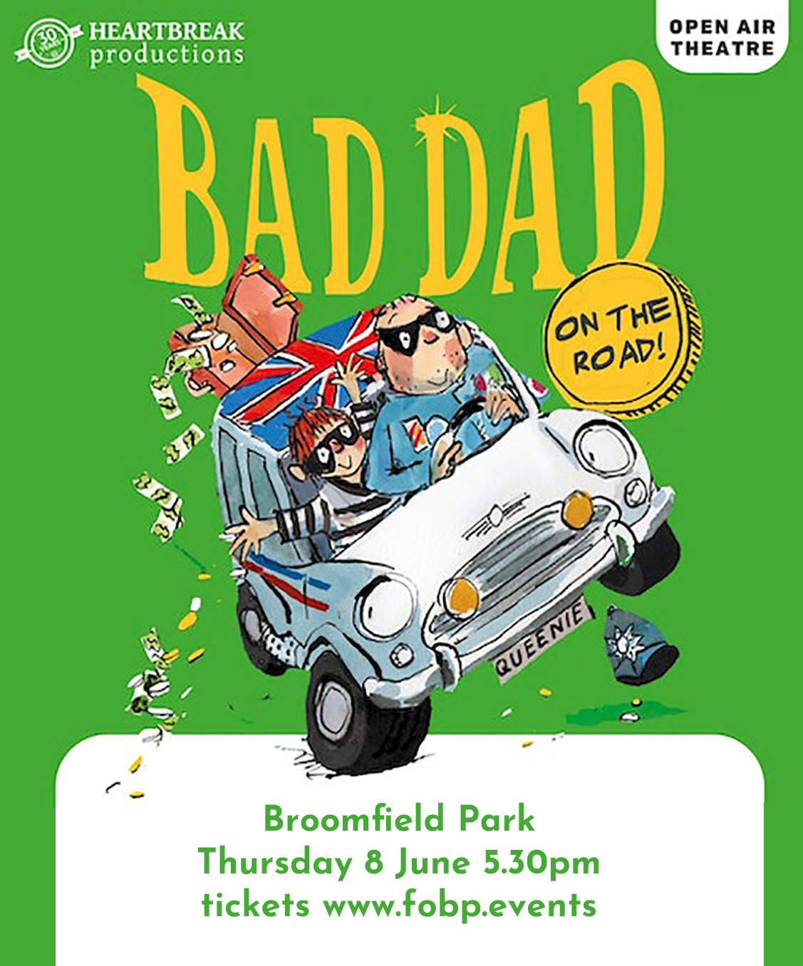 A poster for a play called bad dad on the road