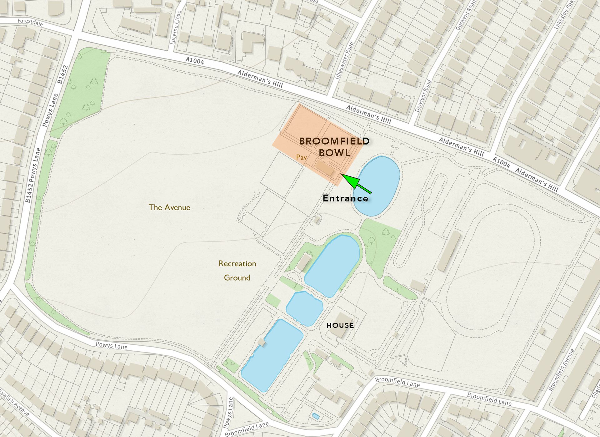 A map of a park with a pond in the middle