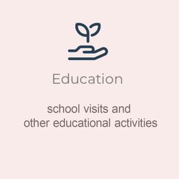 Education icon with seedling in hand and text: “school visits and other educational activities”
