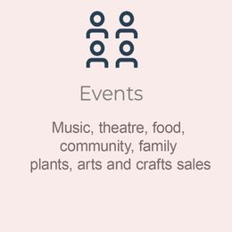 Events listing music, theatre, food, community, family plants, arts and crafts sales on a pink background