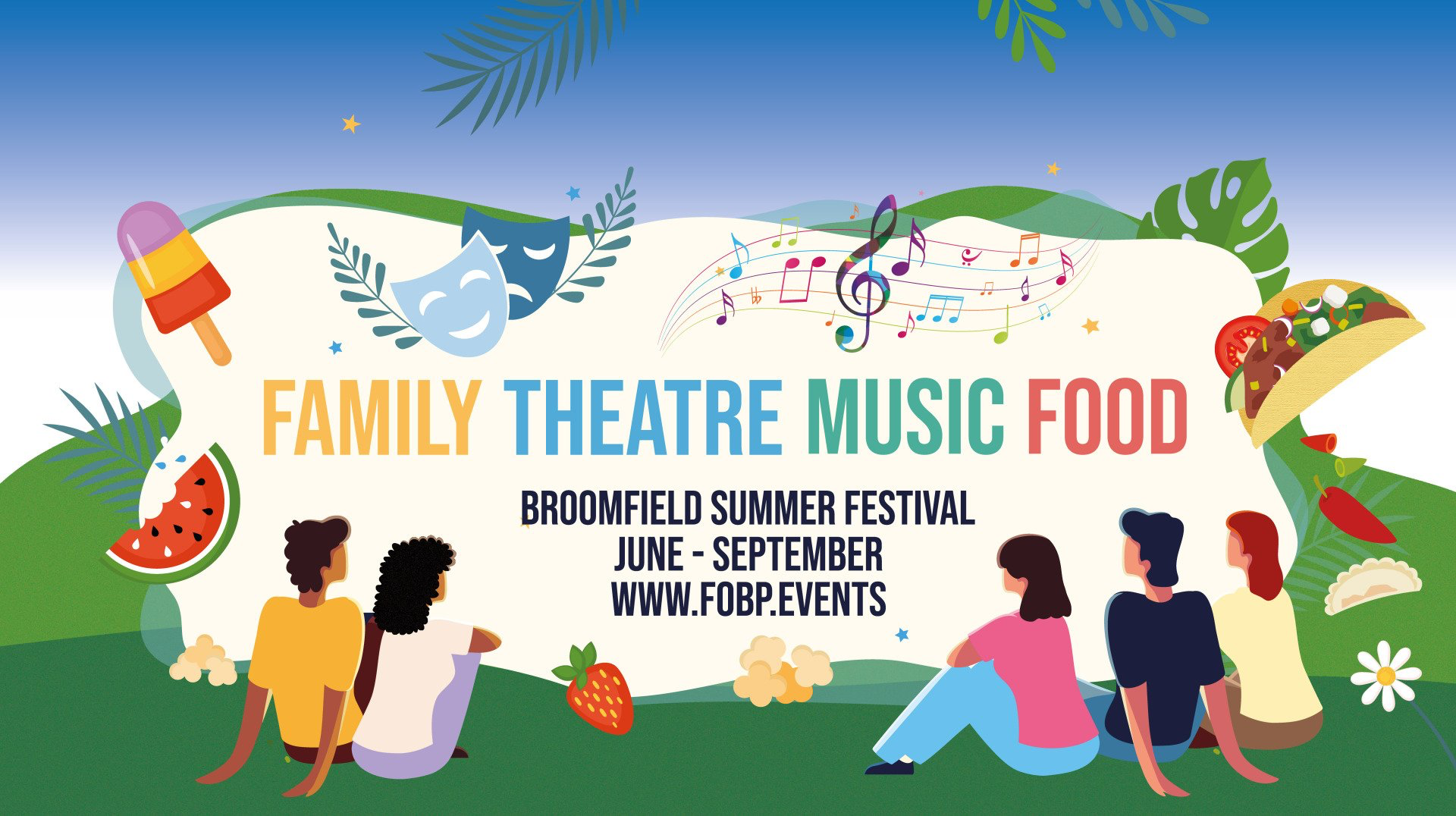 A group of people are sitting on the grass at a family theatre music food festival.