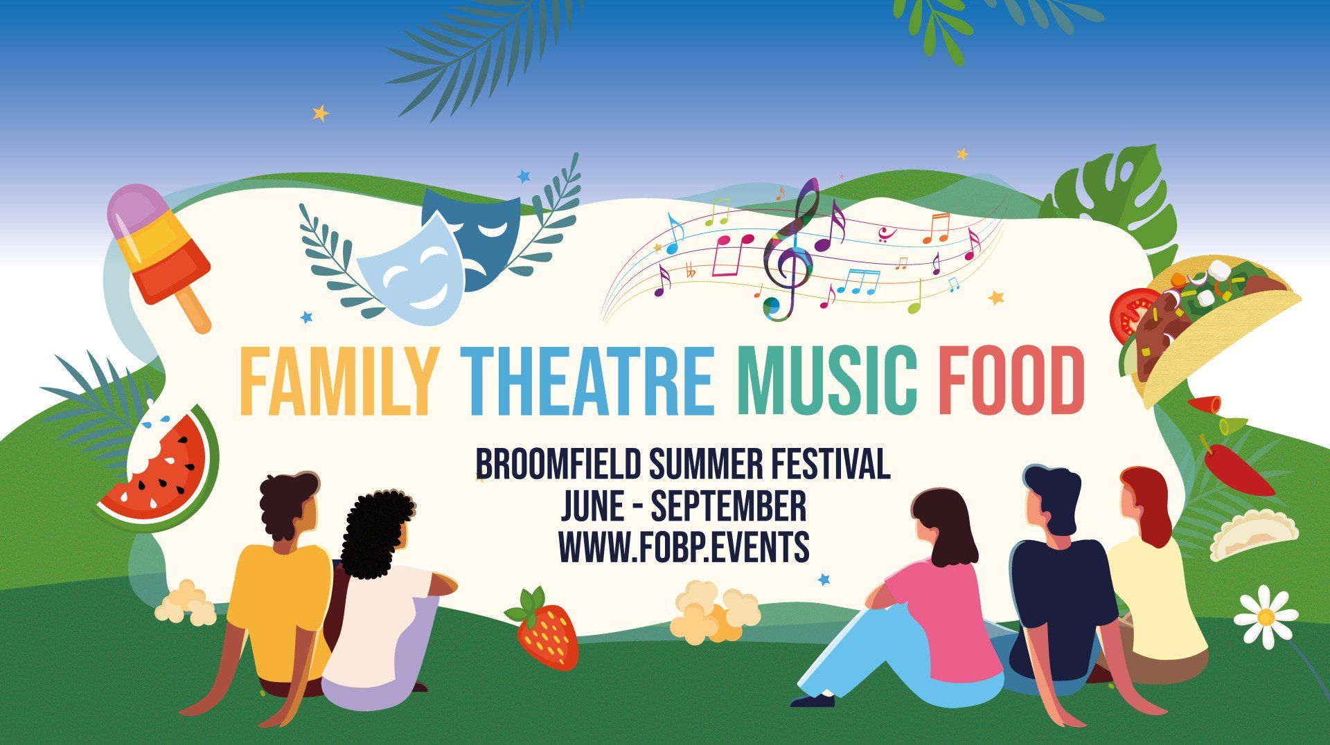 A group of people are sitting on the grass at a family theatre music food festival.