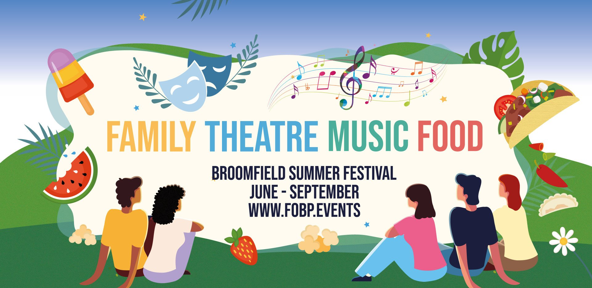 A group of people are sitting on the grass at a family theatre music food festival.