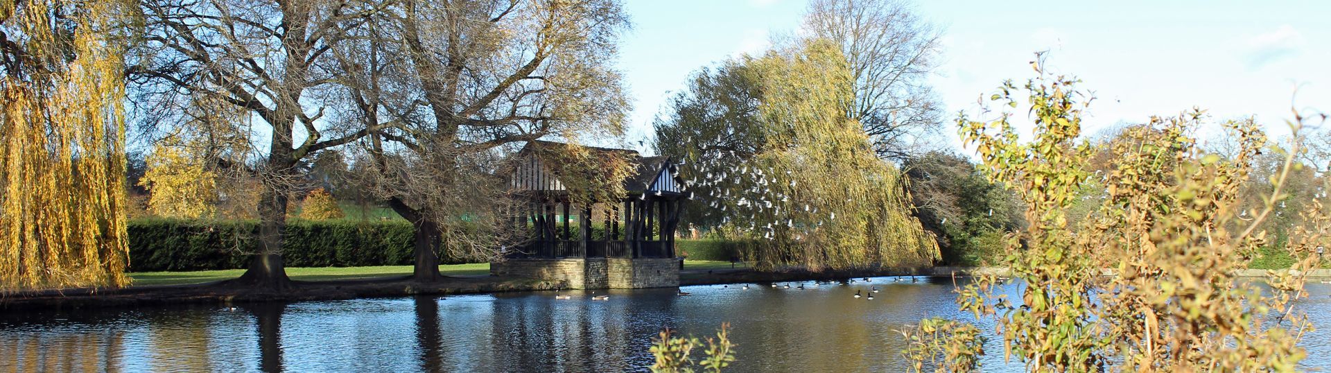 view of bandstand across lower pond