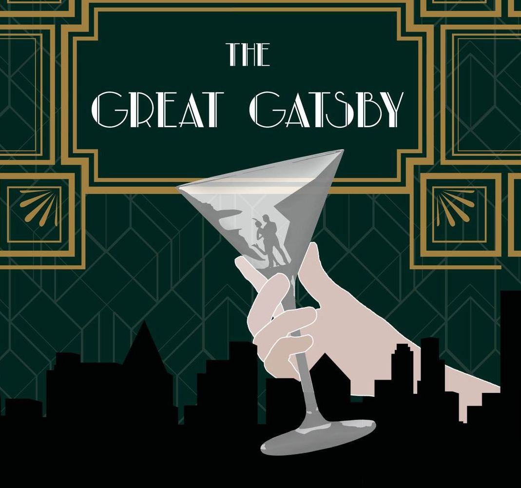 A poster for the great gatsby with a hand holding a martini glass