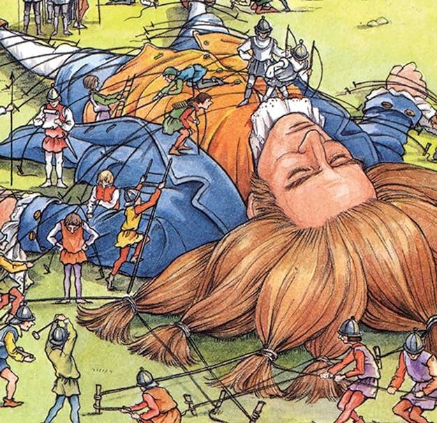 A painting of a giant laying on the ground surrounded by soldiers