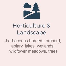 Horticulture & Landscape logo with tree and cloud icon on pale pink background; text lists habitats and trees