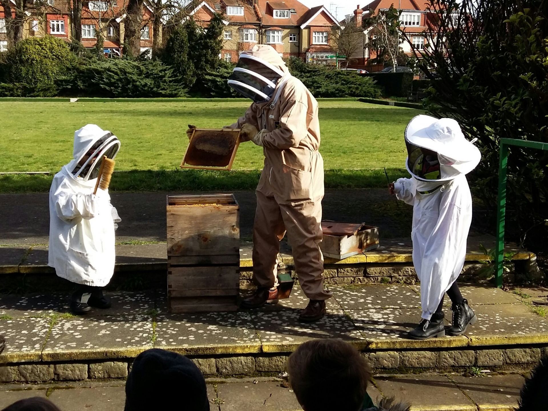 A group of people in bee suits are standing on a sidewalk