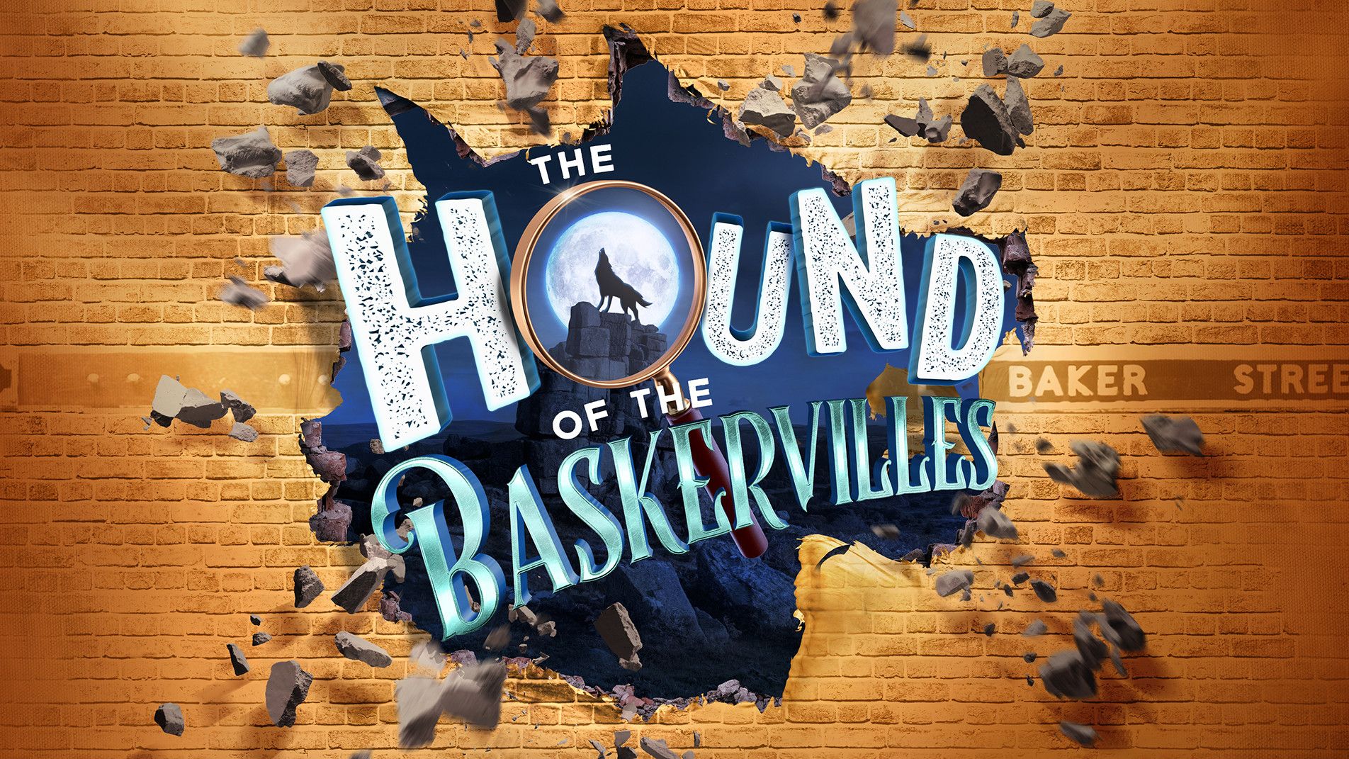 The logo for the hound of the baskervilles is breaking through a brick wall.