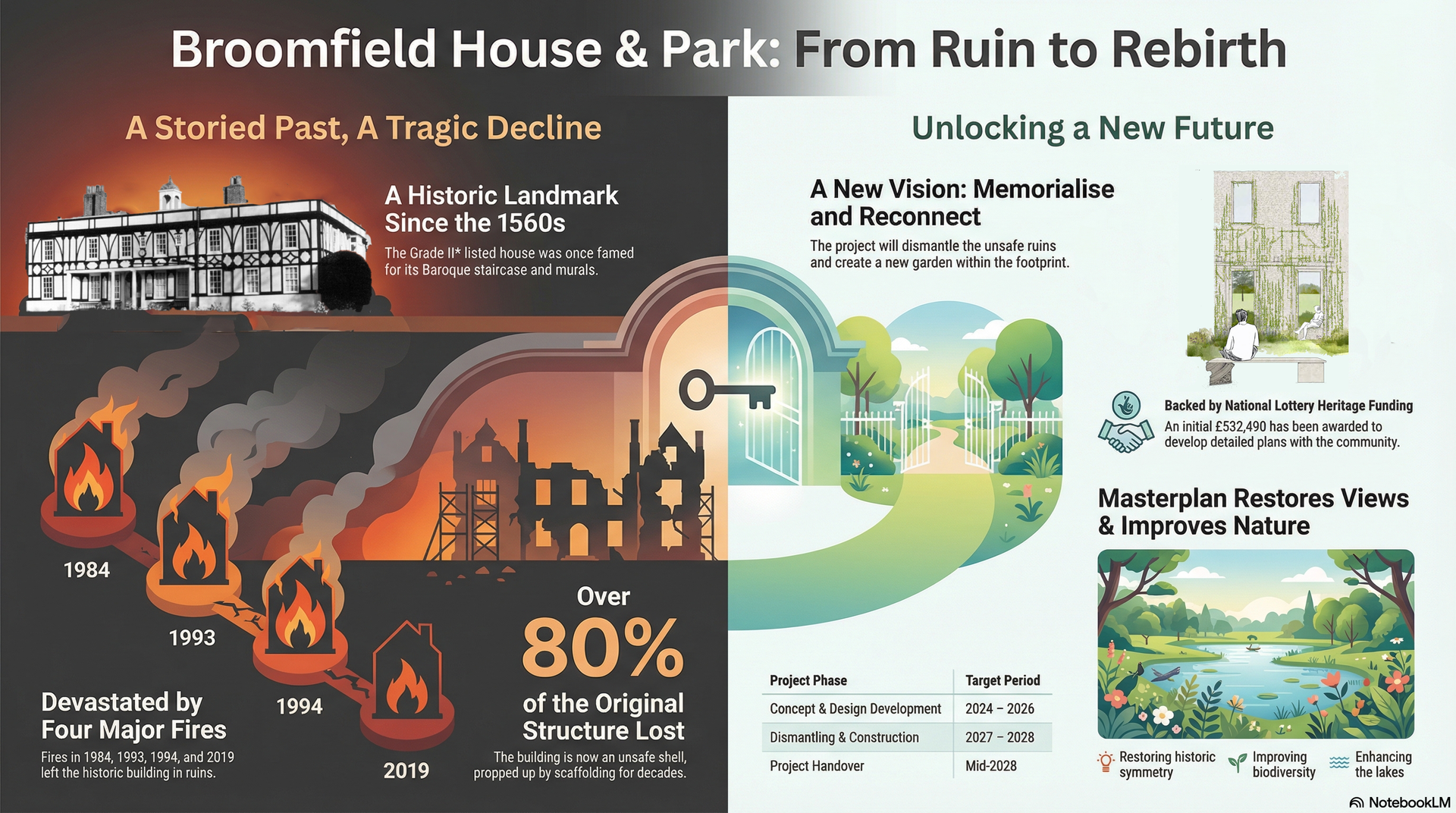 Broomfield House & Park infographic showing fire damage and a proposed green restoration plan