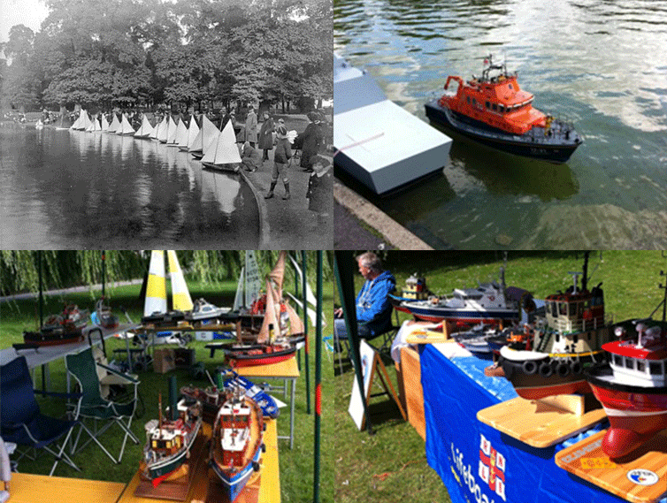 Collage of model boats and sailboats by a lakeside, including a red rescue boat and outdoor display tables