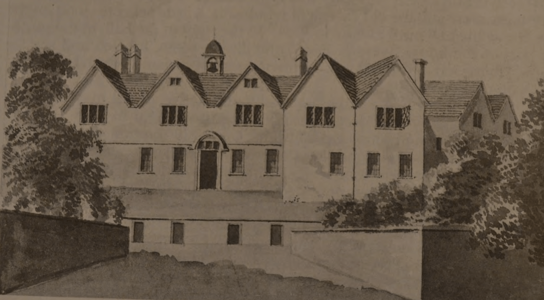 A black and white drawing of a large building