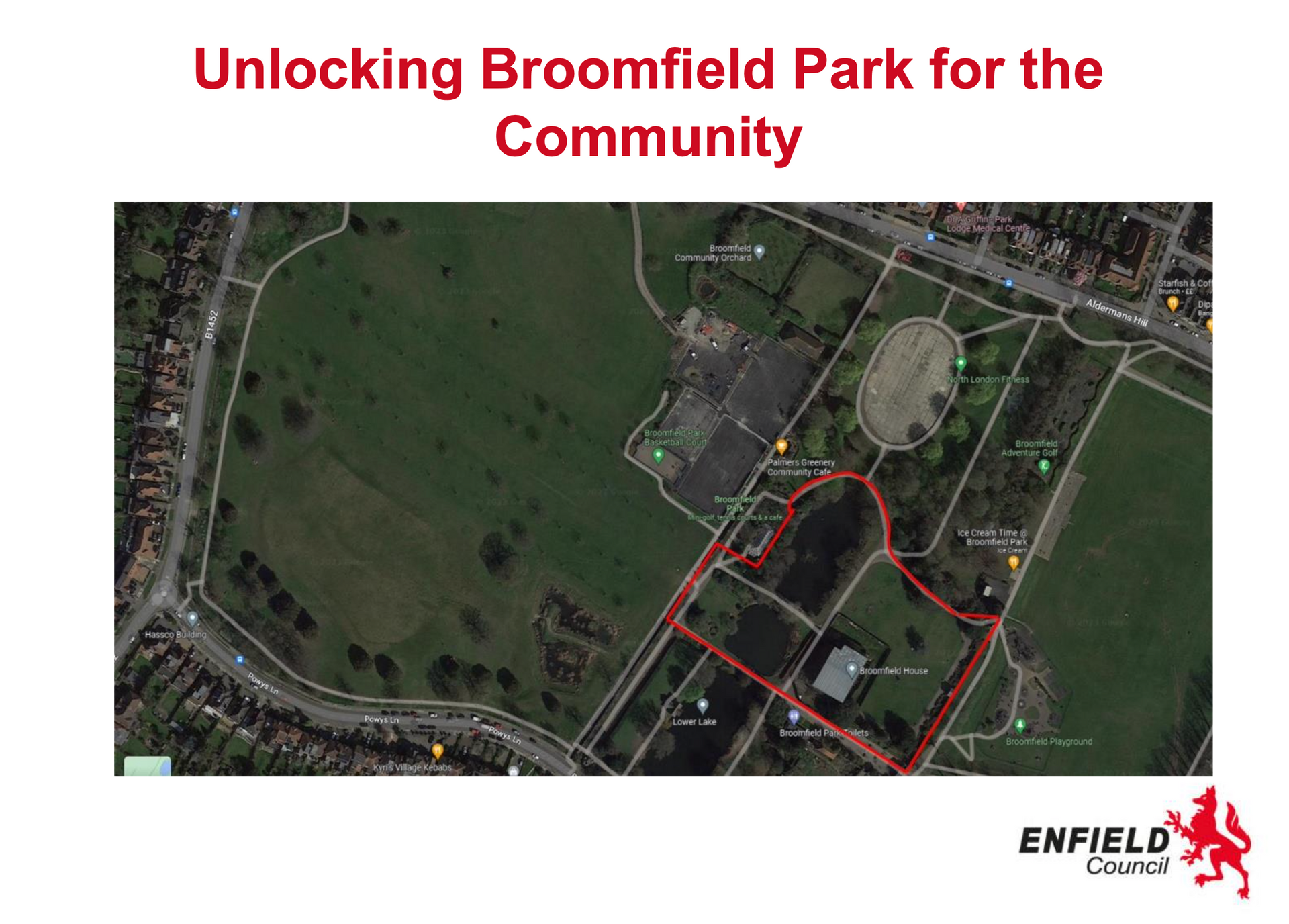 An aerial view of unlocking broomfield park for the community