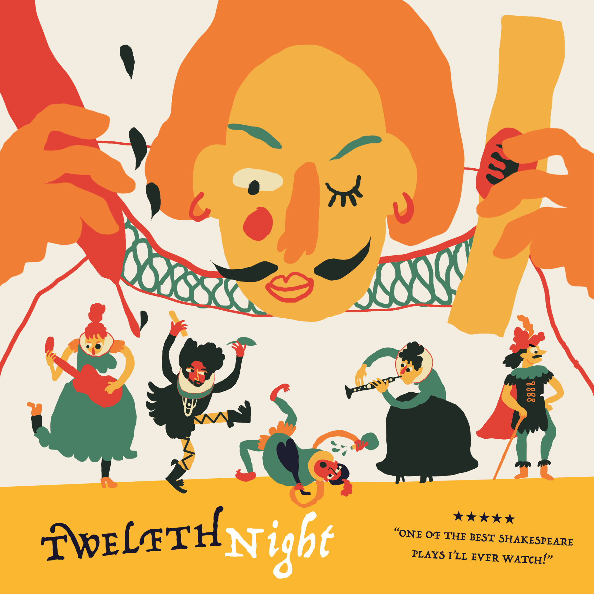A poster for twelfth night shows a group of people dancing