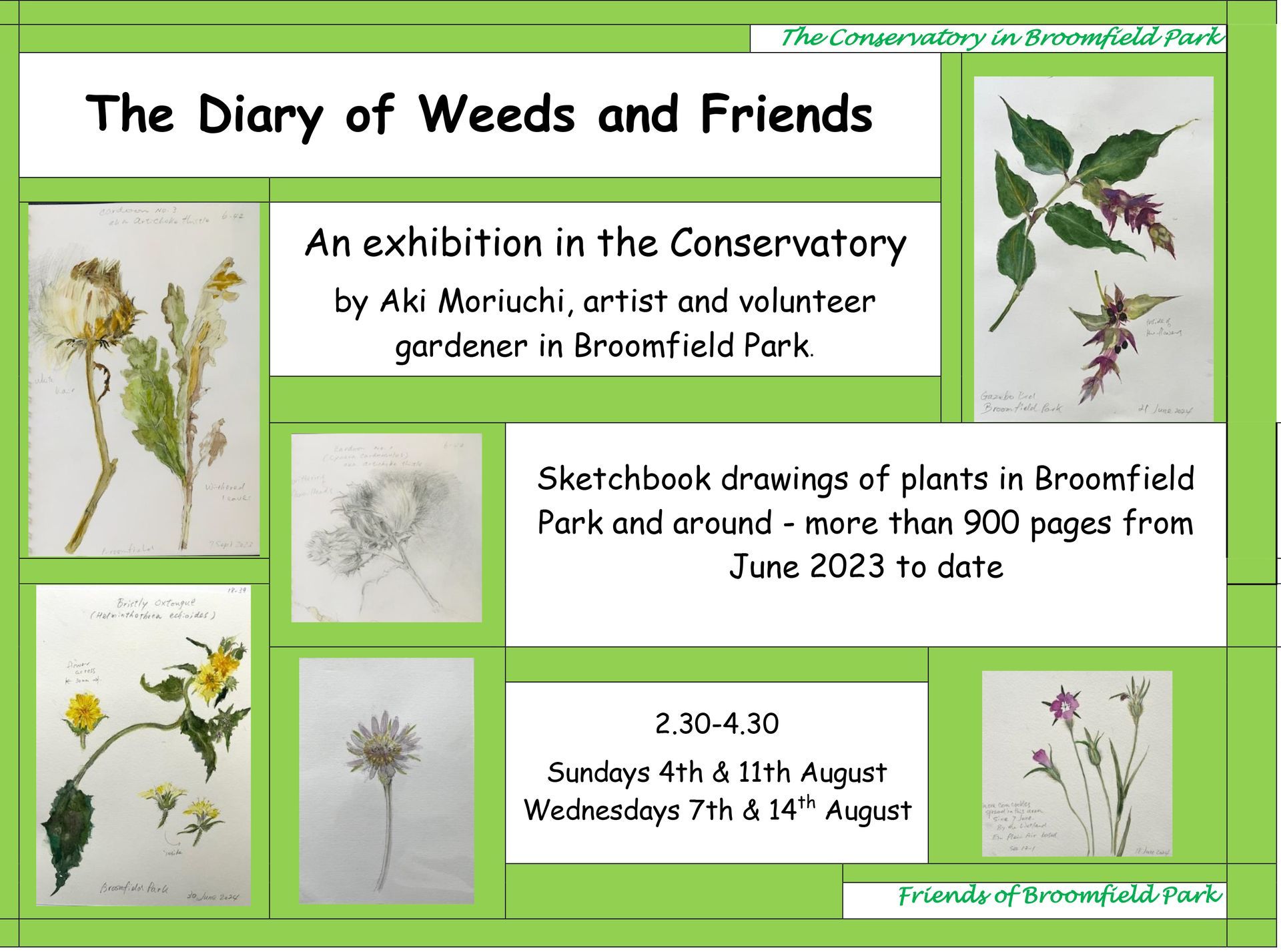 Poster for “The Diary of Weeds and Friends,” an exhibition in the Conservatory by Abi Murich, with plant sketches and dates