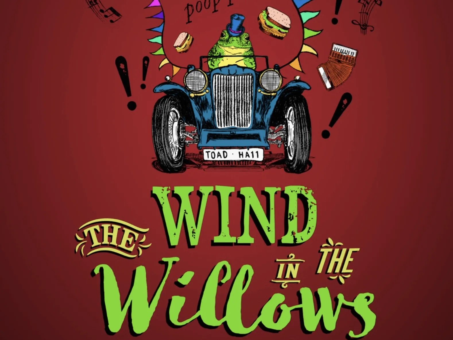 A poster for the wind in the willows with a car on it