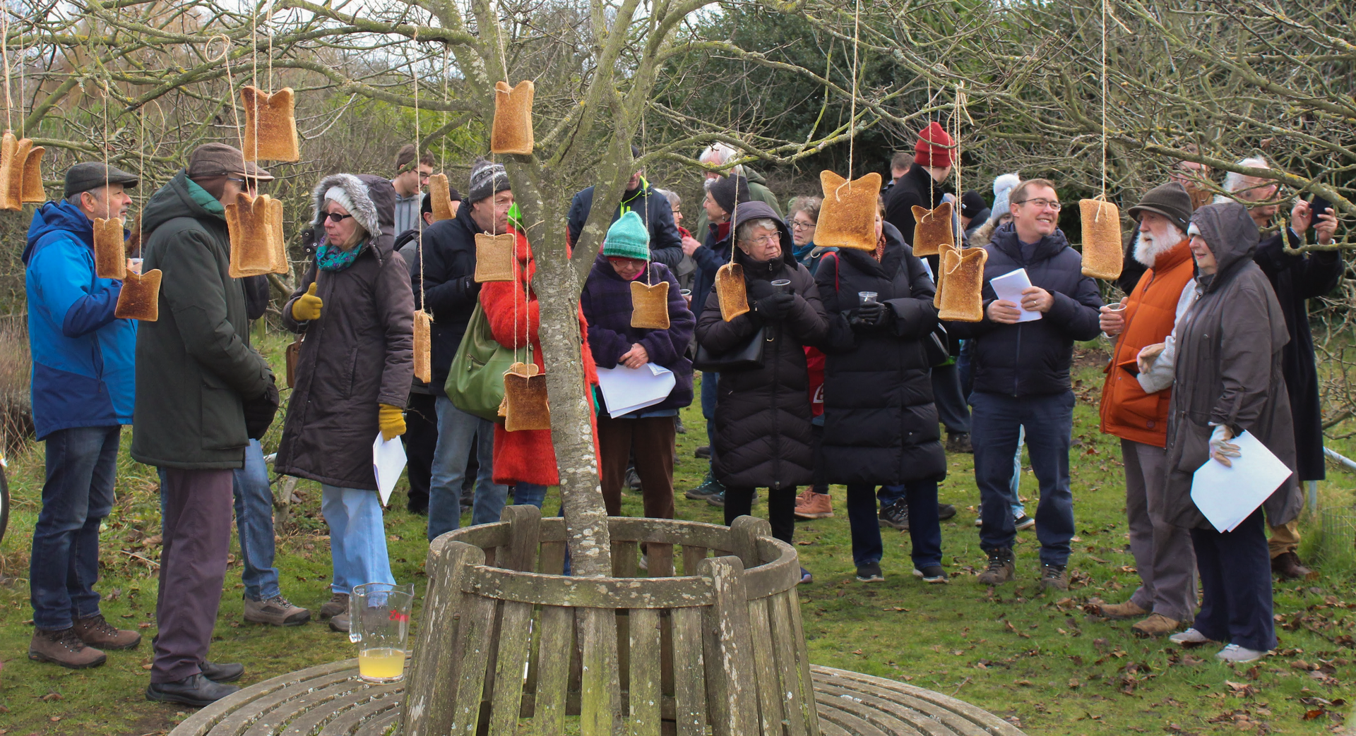 People gathered outdoors around hanging bird feeders in a garden or park, holding papers and looking up.