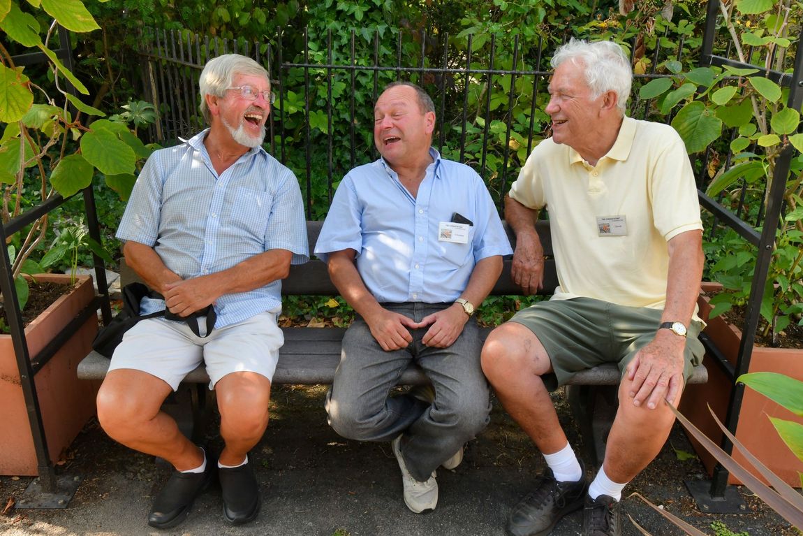 Three men sitting on a bench, laughing together in a leafy garden.