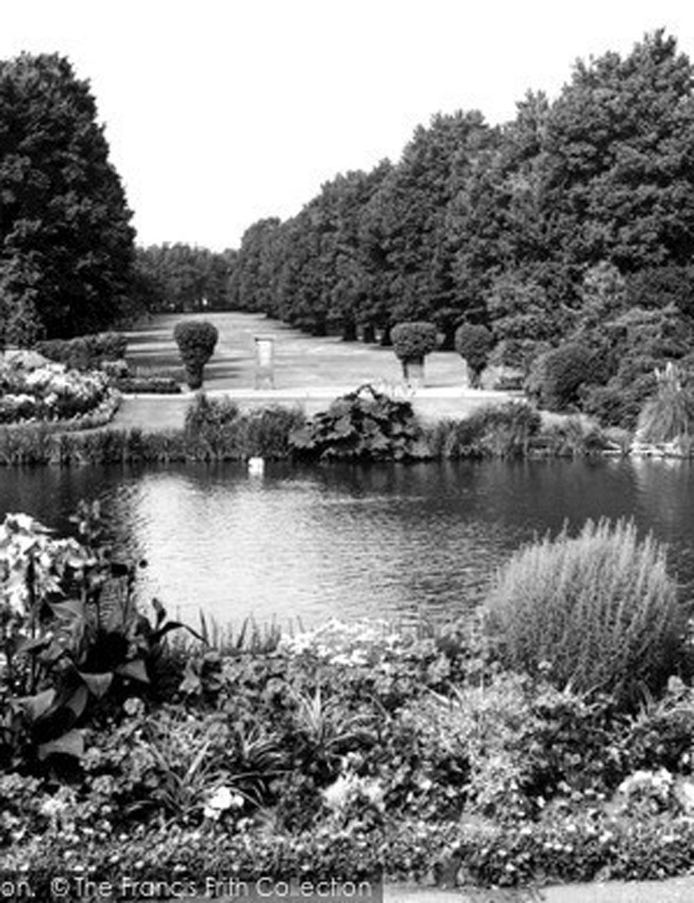 Black-and-white garden pond with flower beds, trees, and a stone fountain in the center