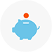 A blue piggy bank with an orange coin in it.