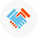 A blue and red handshake icon in a circle on a white background.