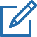 A blue icon of a pencil writing on a piece of paper.