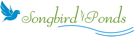 Blue bird logo with "Songbird Ponds" in green, underlined with blue wavy lines.